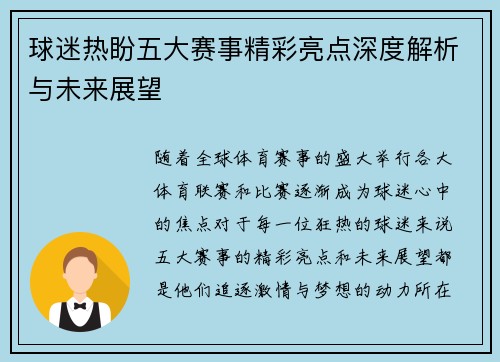 球迷热盼五大赛事精彩亮点深度解析与未来展望
